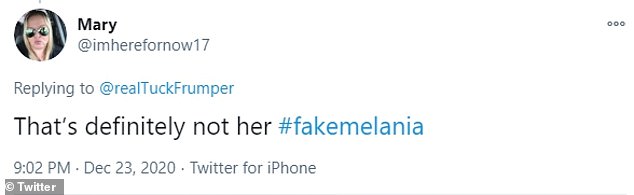 Another Twitter user who identified herself as ‘Mary’ tweeted: ‘That’s definitely not her #fakemelania’
