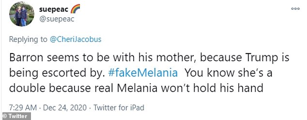 ‘You know she’s a double because real Melania won’t hold his hand,' one Twitter user commented, a reference to several prior instances in which the first lady was seen rejecting her husband's attempt to hold her hand in public
